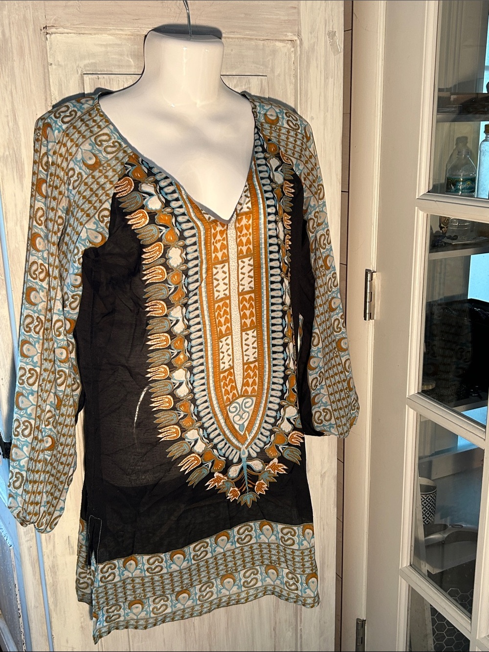 Lightweight Cotton Dress or Cover Up with tribal print,side slit,elastic sleeve